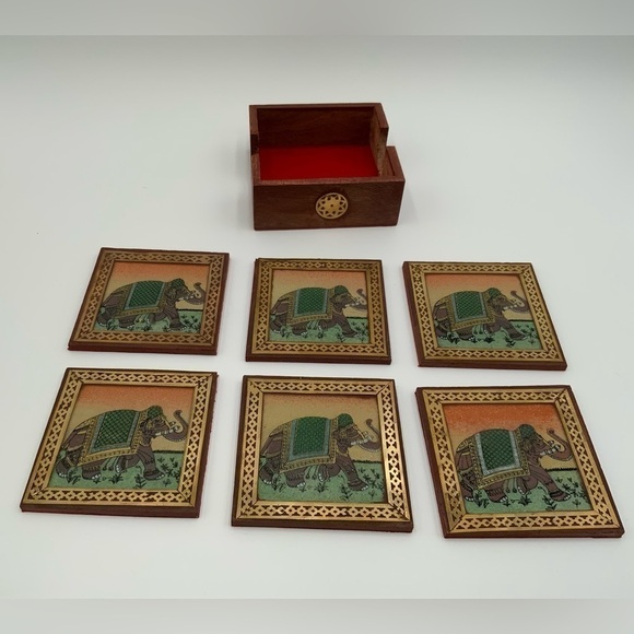 Set Of 6 Indian Sheesham Wood Elephant Square Coasters Never Used - Picture 1 of 5